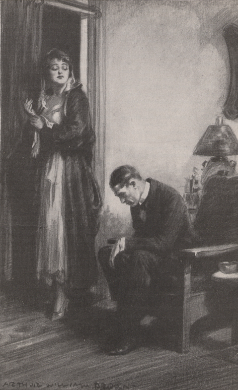 A picture of a man sitting in a chair with his head bowed and a woman standing next to him, dressed to go out and looking down at him with disdain.