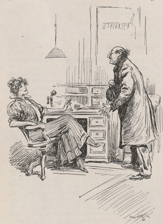 A drawing of a man with his hat in his hand and standing before a woman who is sitting behind a desk in swivel chair.