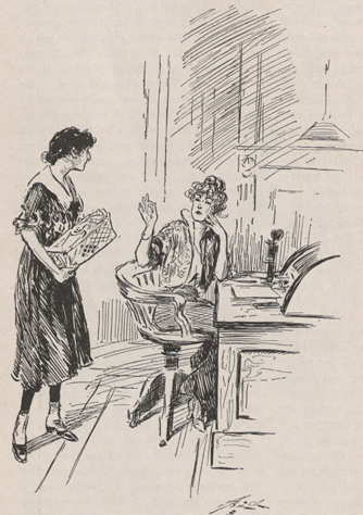 A drawing of two women in conversation, one woman sitting at a desk gesturing with her right hand and the other standing near her and holding a wire basket of typewritten sheets.