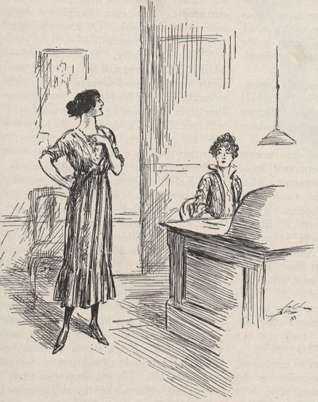 A drawing of two women, one behind a desk, the other standing proudly near the first and asking a question.