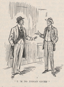 A drawing of two men standing facing each other and talking.