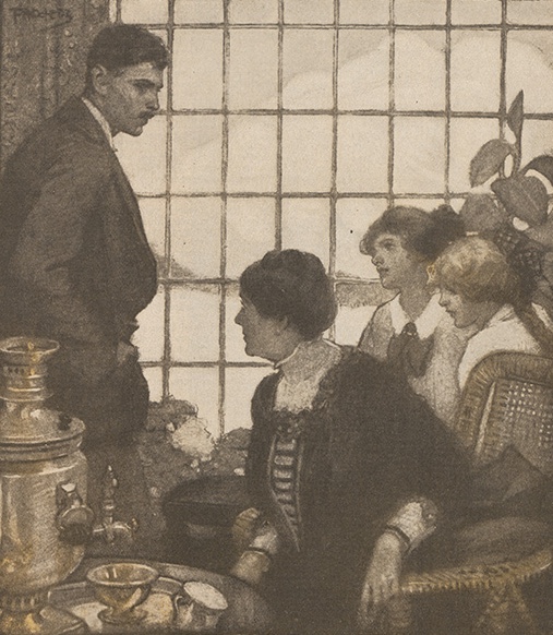 Suited standing man staring at three sitting women