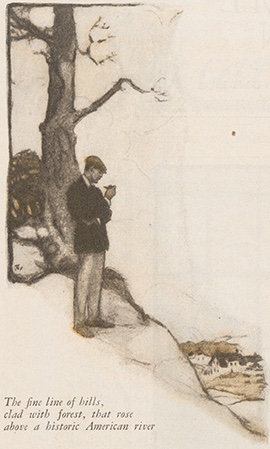 Suited standing next to a barren tree on a hill, overlooking a village