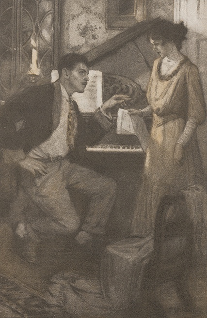 Sitting man in suit and standing woman in dress talking in front of a piano