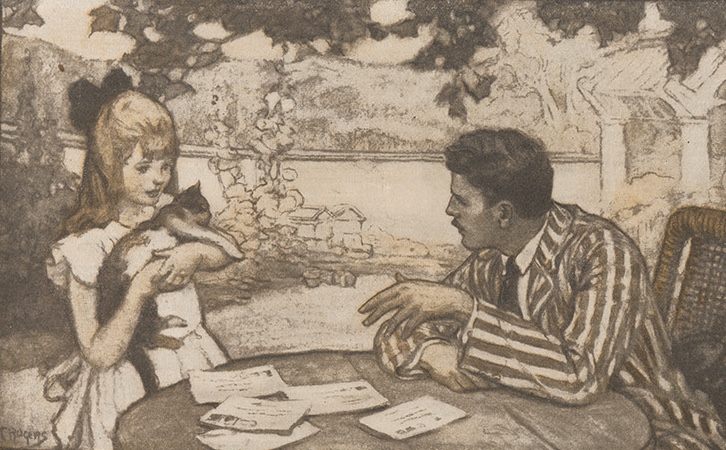 Suited man addressing a young girl holding a cat