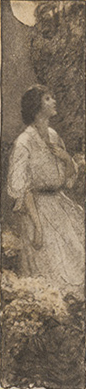 Woman in dress stands behind bunches of flowers in garden