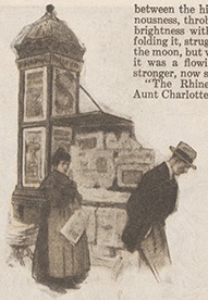 Man facing away from woman selling newspapers with his head down