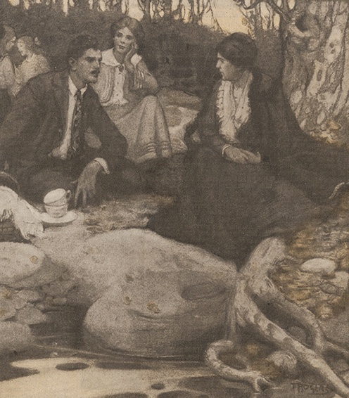 Two women in dresses and a suited man sit on the ground beside a tree as two girls play in the background