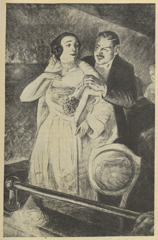 A drawing of a man helping a woman dressed in an evening gown remove her fur coat.