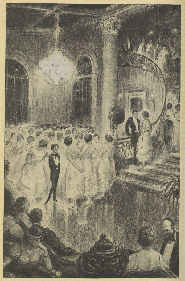 A drawing in a grand ball room of a group of women in gowns flocking around a small man dressed in evening clothes.