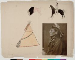 Photograph of Whirling Horse, Sioux Indian mounted with drawings of buffalo, tipi, Indian and horse