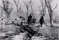 William F. Cody and Charles Aldrich ride with pack horses at the TE Ranch