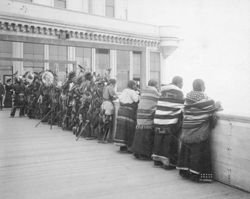 Native Americans from Buffalo Bill's Wild West on deck of Cliff House in San Francisco, California